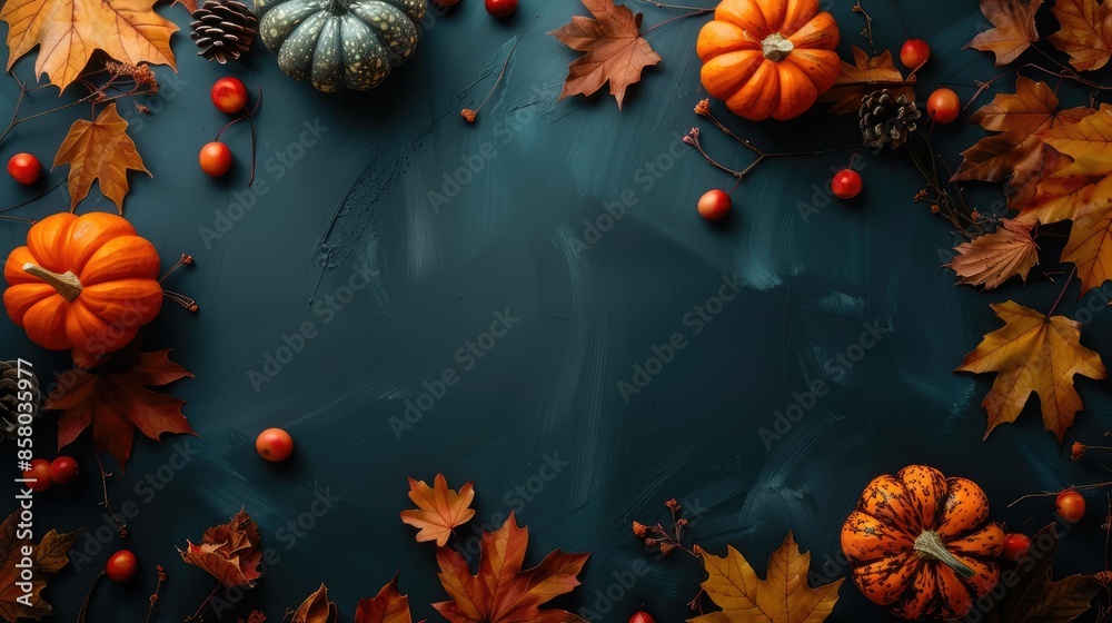 A rich autumn-themed flat lay featuring pumpkins, pine cones, and vibrant leaves on a textured dark teal background, capturing the warm and cozy essence of the fall harvest season. A rich autumn-themed flat lay featuring pumpkins, pine cones, and vibrant leaves on a textured dark teal background, capturing the warm and cozy essence of the fall harvest season.