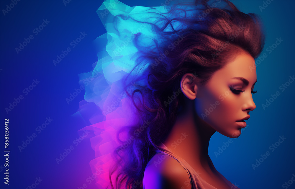 Naklejka premium Woman face concept poster. Beautiful girl face creative abstract banner. Graphic design photorealistic style. Style of realistic glamour fashion photography. Digital illustration. AI artwork. 