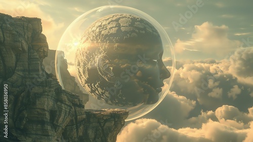 The image is a surreal landscape with a giant head in the sky. The head is made of stone and has a glass-likeè³ªæ„Ÿ.