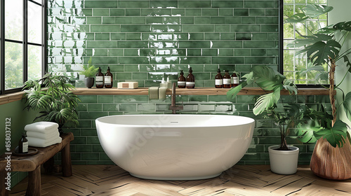 Green Bathroom Interior. Bath Tub (Bathtub) Design. Wall is Ceramic Metro Style Tile Zellige. Contemporary Spa Atmosphere 