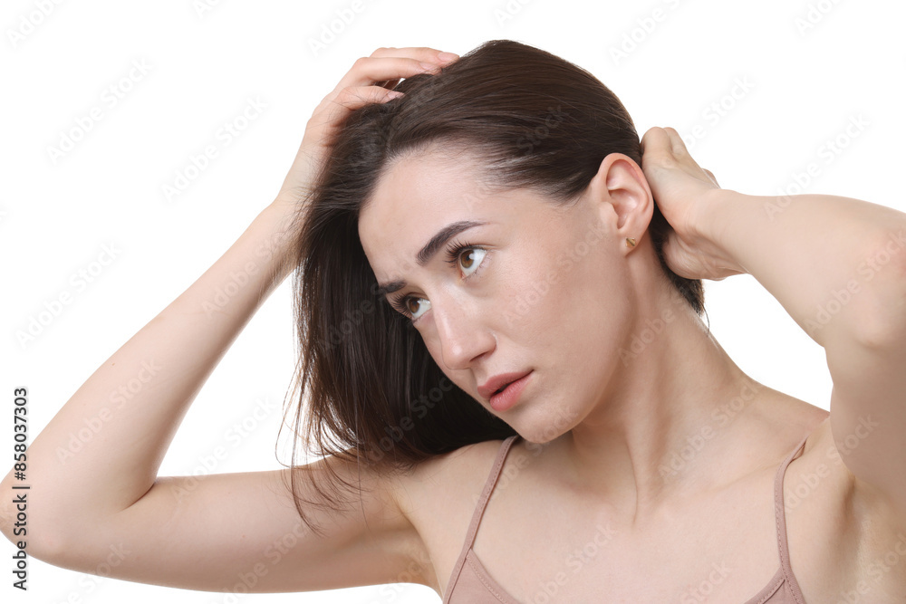 Young woman with hair loss problem on white background Young woman with hair loss problem on white background