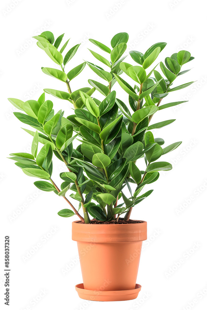 Fototapeta premium Vibrant green indoor plant in a terracotta pot isolated on isolated on transparency background, PNG cut out, perfect for home or office decoration.