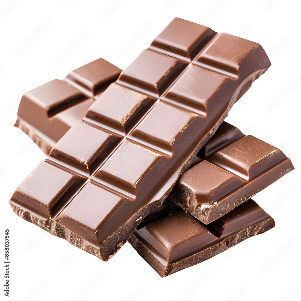 Fototapeta premium Close-up of delicious chocolate bars stacked together, showcasing rich and creamy texture isolated on transparency background, PNG cut out. Perfect for dessert and confectionery themes.