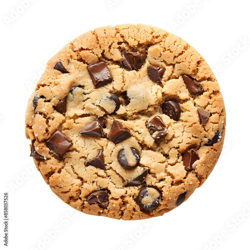 Close-up of a delicious chocolate chip cookie with chunks of chocolate isolated on transparency background, PNG cut out. Perfect for dessert, snack, or baking-themed imagery.