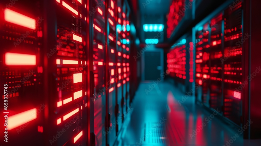 Server room with rows of server racks illuminated by red alert lights, indicating a critical issue. The high-tech environment is bathed in intense red and blue lighting, urgency and crisis management