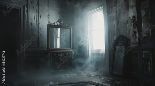 Gloomy abandoned room featuring ornate mirrors and peeling paint. Foggy light streams through the window, creating an eerie, atmospheric setting perfect for Halloween backgrounds