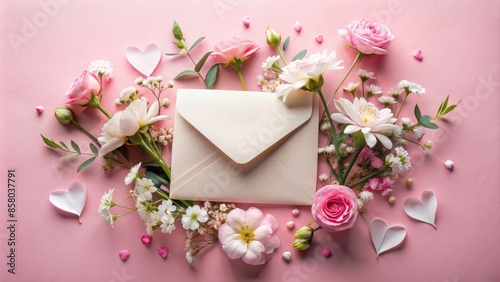 Charming still life composition featuring a white blank greeting card on a pink background surrounded by delicate flowers and a romantic love letter.