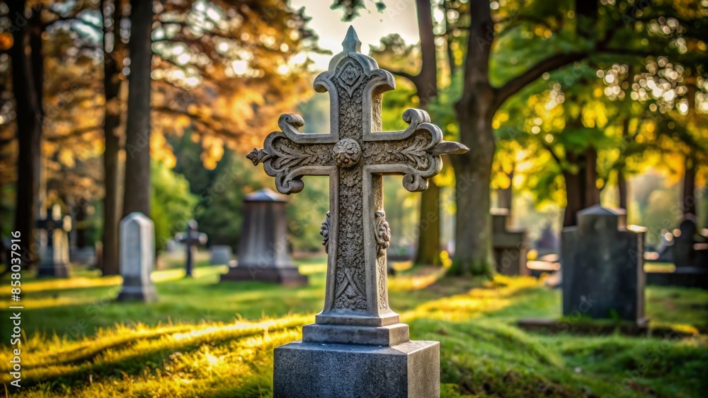 Weathered grey granite grave marker adorned with an ornate silver cross, standing solemnly amidst a serene yet melancholic cemetery landscape. Weathered grey granite grave marker adorned with an ornate silver cross, standing solemnly amidst a serene yet melancholic cemetery landscape.