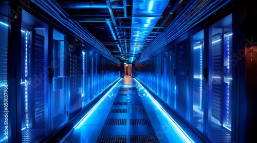 A high-tech server room featuring rows of servers with blue LED lighting. The sleek, modern design showcases advanced technology and efficient cooling systems