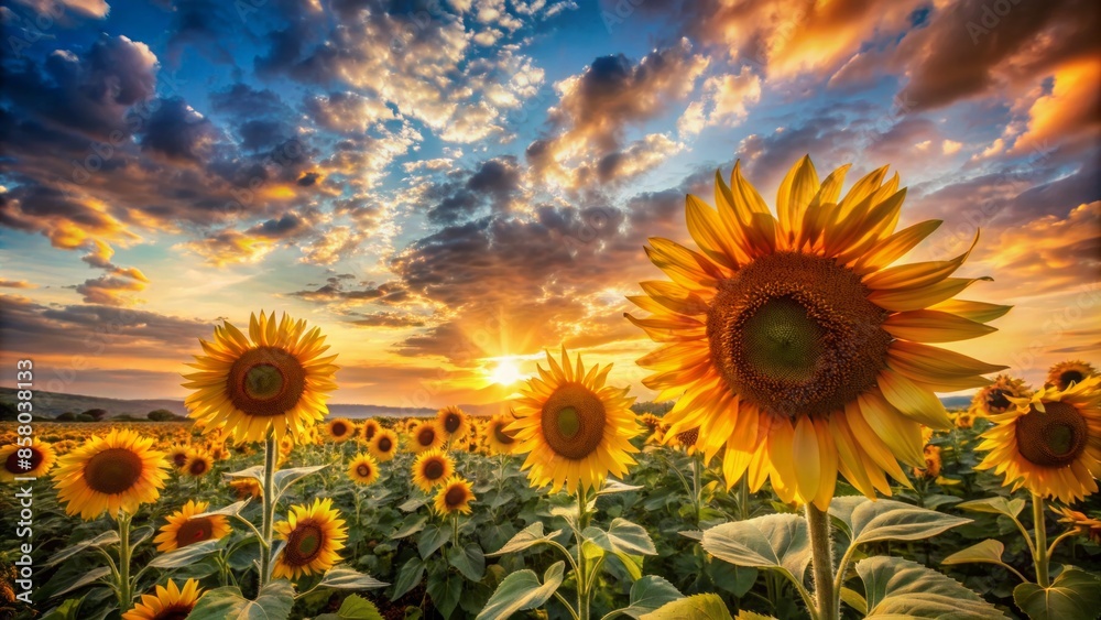 Obraz premium Vibrant golden sunflowers stretching towards the sky, swaying gently in the breeze, under a warm sunset with soft, feathery clouds and a serene landscape.