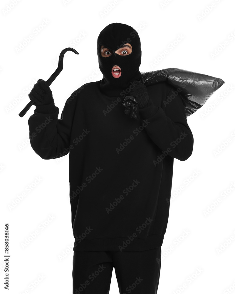 Emotional thief in balaclava with crowbar and bag on white background Emotional thief in balaclava with crowbar and bag on white background
