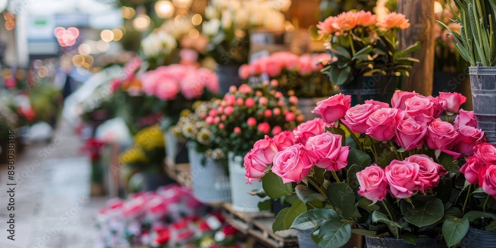 Flower shop on the street with beautiful roses on the counter Flower shop on the street with beautiful roses on the counter