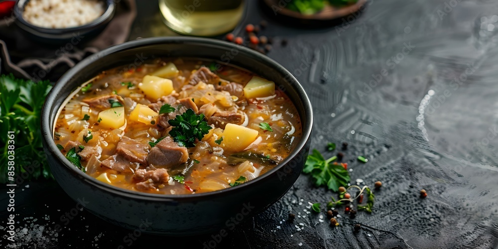 Ukrainian Kapusniak Soup A Traditional Recipe with Sauerkraut, Potatoes, Meat, and Sour Cream. Concept Ukrainian cuisine, Kapusniak soup, Traditional recipe, Sauerkraut, Potatoes, Meat, Sour cream Ukrainian Kapusniak Soup A Traditional Recipe with Sauerkraut, Potatoes, Meat, and Sour Cream. Concept Ukrainian cuisine, Kapusniak soup, Traditional recipe, Sauerkraut, Potatoes, Meat, Sour cream