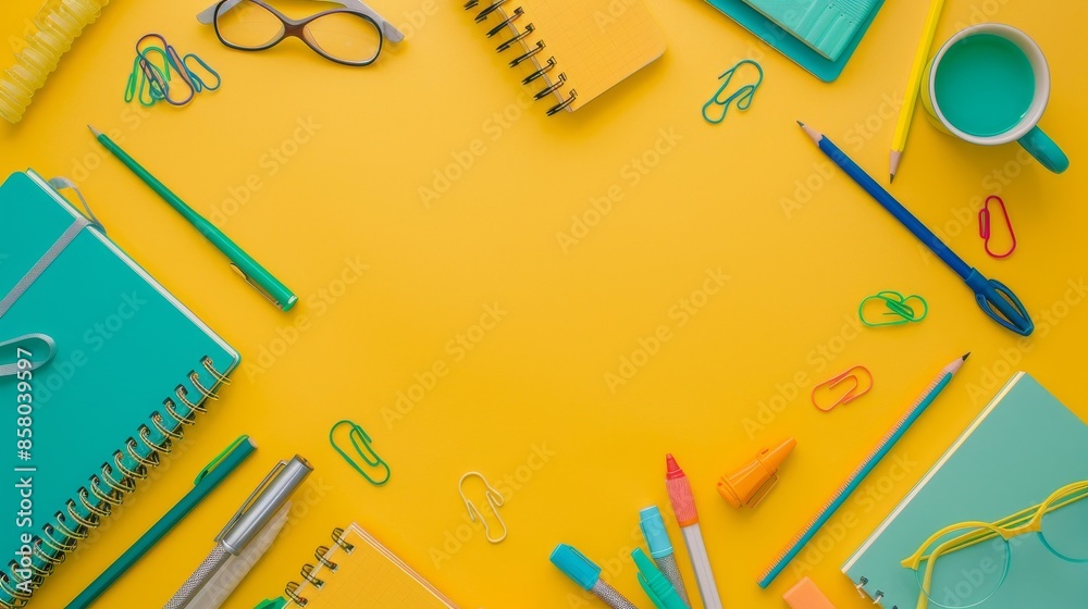 A yellow background with a green backpack and a bunch of school supplies A yellow background with a green backpack and a bunch of school supplies