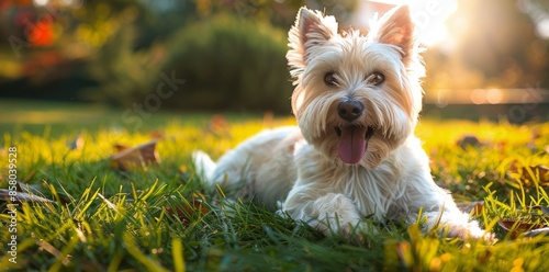 West Highland White Terrier Smiling in Autumn Grass