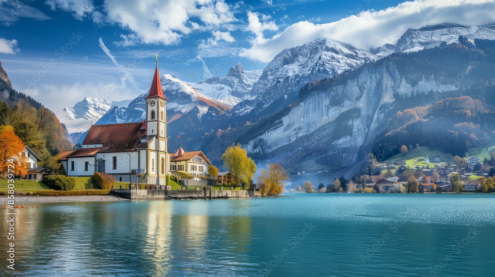 Fototapeta premium Panoramic view of the city of Brienz on Lake Brienz, Switzerland. An old fishing town with a beautiful church and snow-capped Alpine mountains in the background.