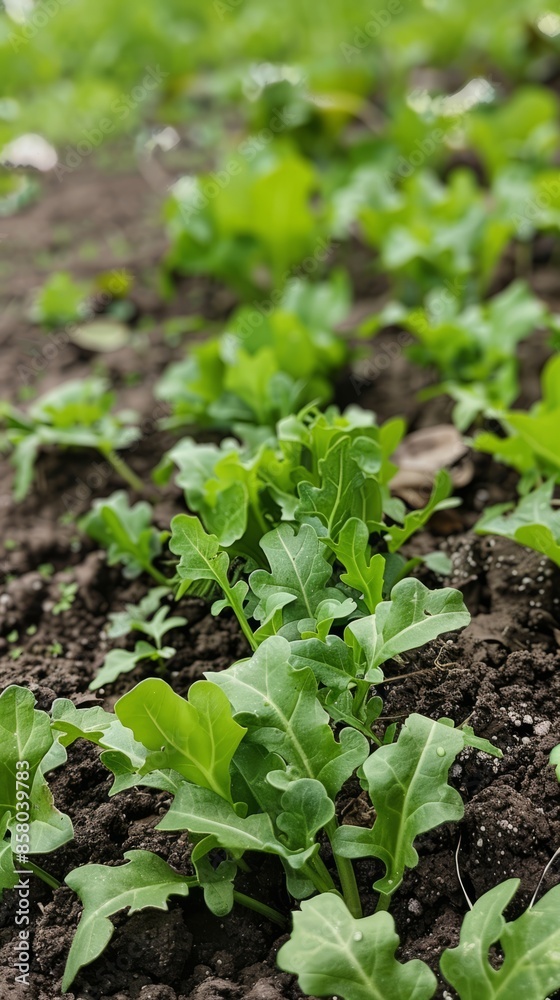 In a plantation setting, arugula grows organically, its verdant and crisp leaves contrasted against rich soil and meticulously arranged plants, exemplifying sustainable agriculture In a plantation setting, arugula grows organically, its verdant and crisp leaves contrasted against rich soil and meticulously arranged plants, exemplifying sustainable agriculture