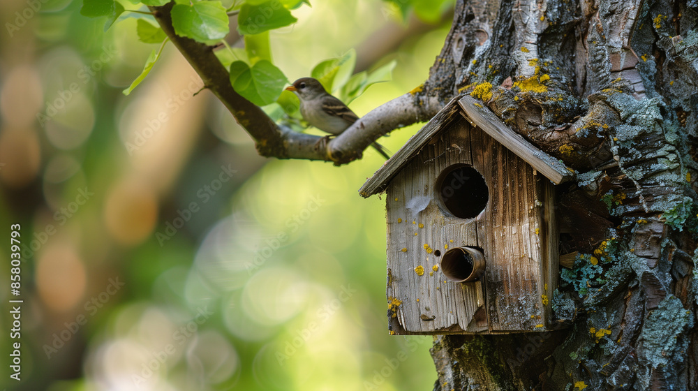 Bird House on Tree in Park / Forest with Bird. Nature, wood, wooden birdhouse, outdoor Bird House on Tree in Park / Forest with Bird. Nature, wood, wooden birdhouse, outdoor