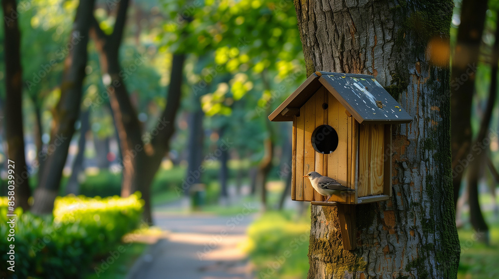 Bird House on Tree in Park / Forest with Bird. Nature, wood, wooden birdhouse, outdoor Bird House on Tree in Park / Forest with Bird. Nature, wood, wooden birdhouse, outdoor