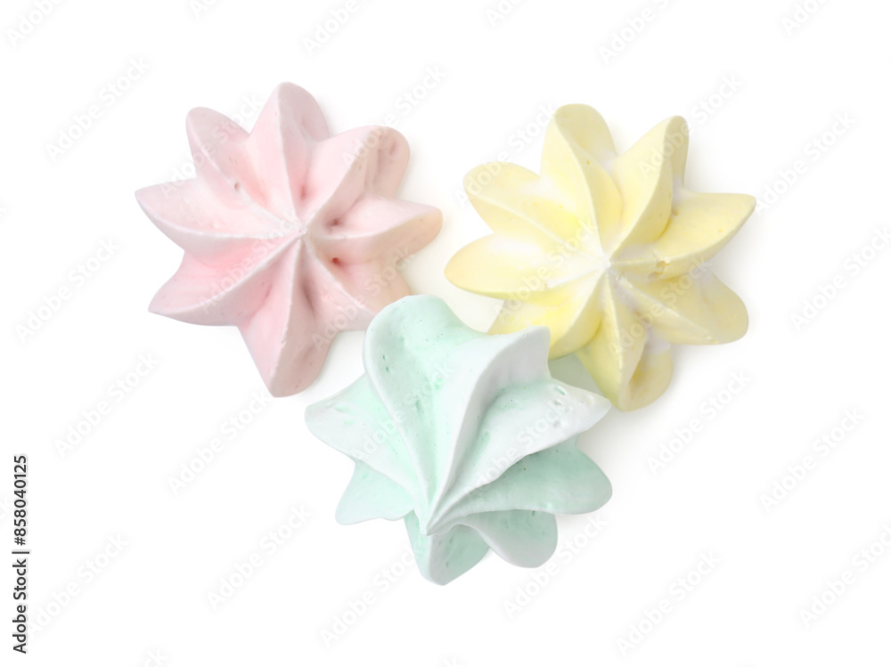 Three delicious meringue cookies isolated on white, top view