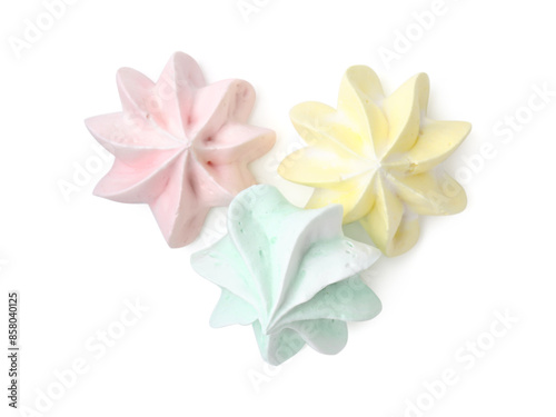 Three delicious meringue cookies isolated on white, top view