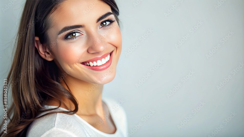Clean and minimalist composition featuring a soft focus, isolated, and cropped profile of a youthful brunette woman with a bright white smile. Clean and minimalist composition featuring a soft focus, isolated, and cropped profile of a youthful brunette woman with a bright white smile.