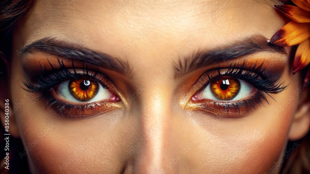 Naklejka premium Vibrant close-up of a captivating brown iris, with pronounced eyelashes, surrounded by natural makeup, gazing directly at the camera with confidence and intensity.