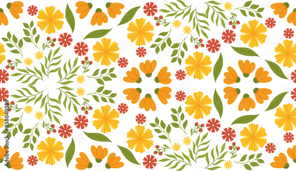 Spring pattern with flowers and leaves in a hand-drawn vector style. Perfect for children's items, textiles, packaging, and decorative elements
