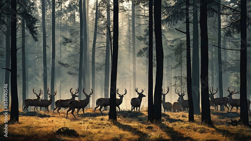 natural background with forest silhouette with herd of deer