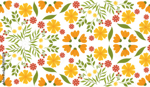 Spring pattern with flowers and leaves in a hand-drawn vector style. Perfect for children's items, textiles, packaging, and decorative elements