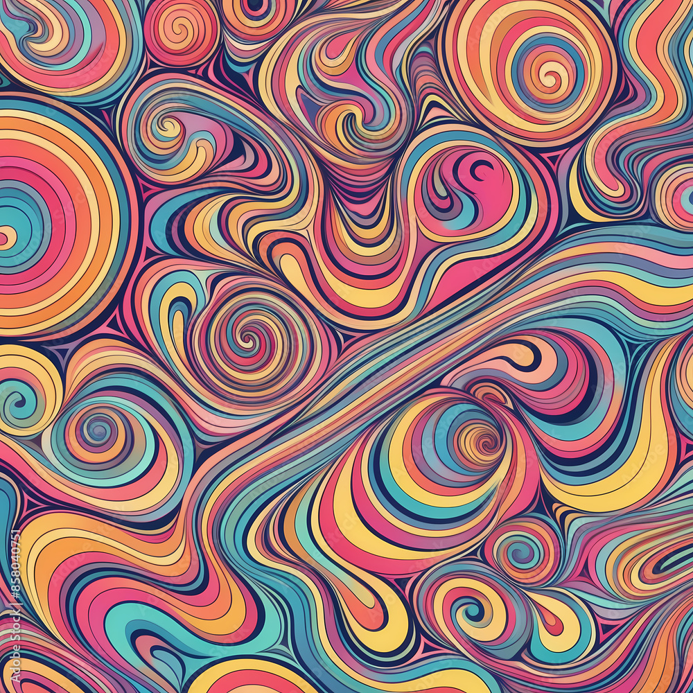 Vector illustration with psychedelic 1960s-inspired patterns: Swirling abstract designs in neon and pastel colors. Ideal for retro art and vintage-themed projects. Vector illustration with psychedelic 1960s-inspired patterns: Swirling abstract designs in neon and pastel colors. Ideal for retro art and vintage-themed projects.