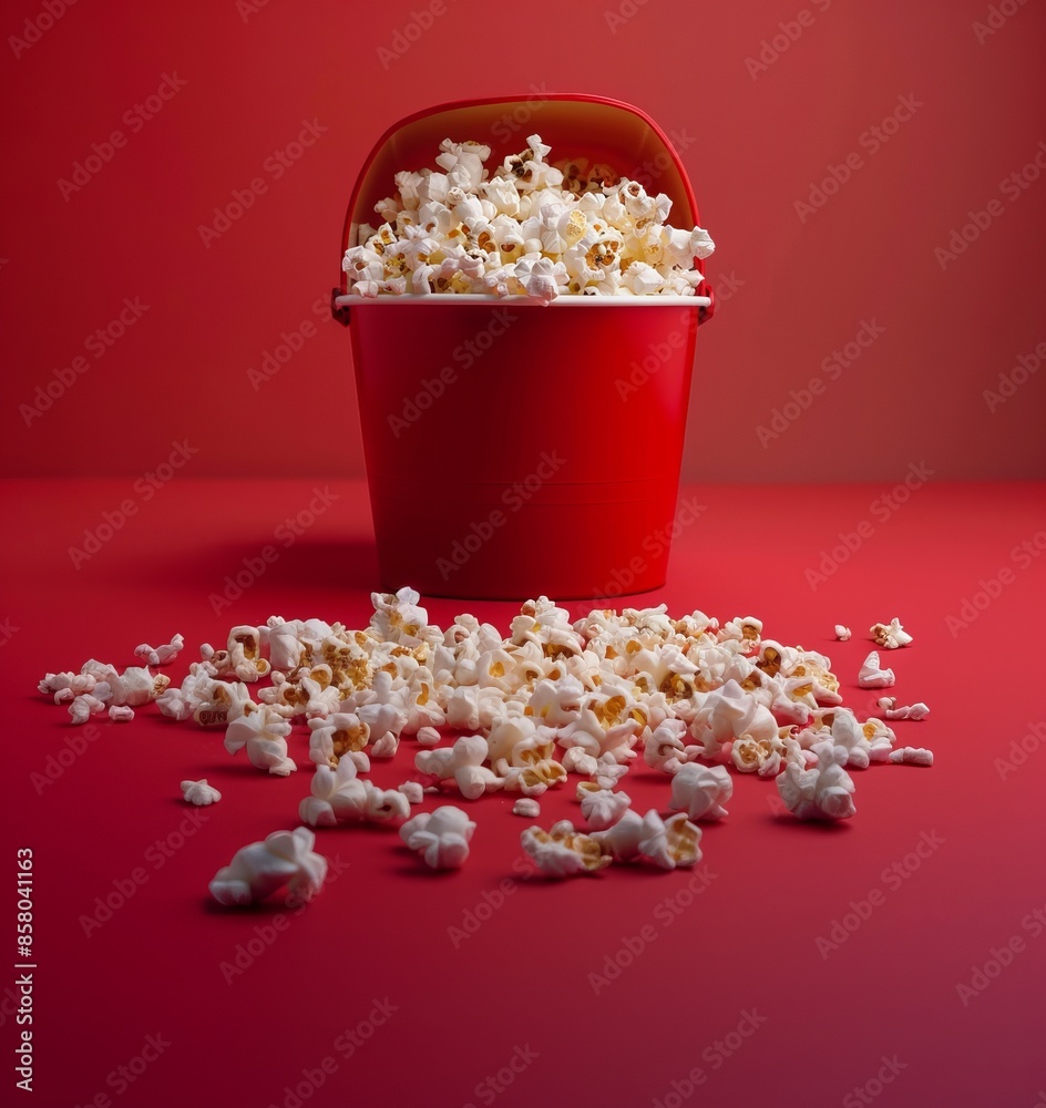 Red Bucket Of Popcorn On Red Background Red Bucket Of Popcorn On Red Background
