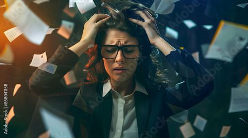 Businesswoman Overwhelmed by Information Overload, Stressed and Unable to Focus photo