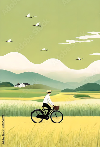 A person cycling through a colorful, rolling countryside with green and yellow fields, framed by distant mountains under a clear sky. photo