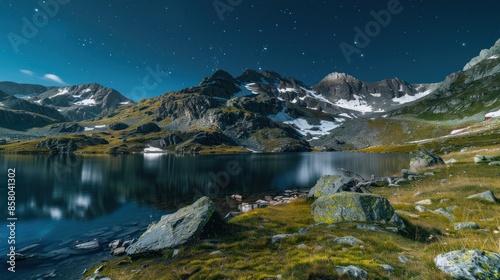 A beautiful mountain lake with a clear blue sky background