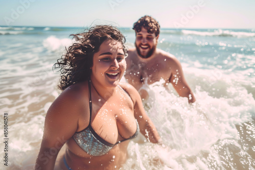 Portrait of a plus size couple having fun at the beach. Space for copy