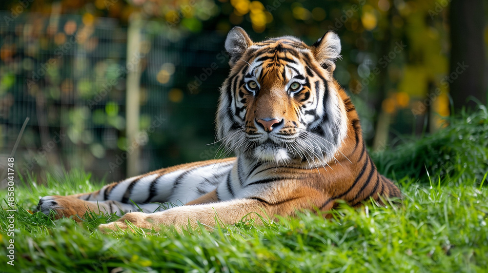 Fototapeta premium Siberian Tiger Lay on Grass in Zoo