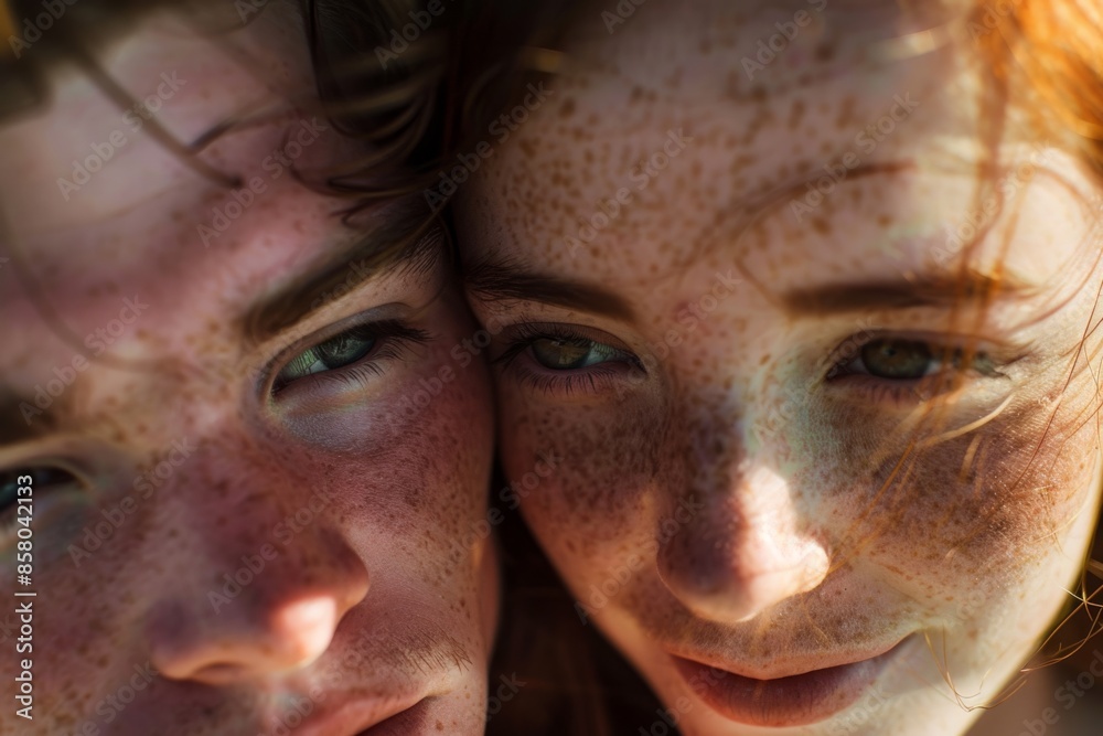 A close-up photo captures a freckled girl and a guy, their faces framed together, highlighting their unique features and the warmth of their connection A close-up photo captures a freckled girl and a guy, their faces framed together, highlighting their unique features and the warmth of their connection
