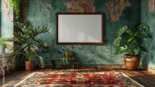 Rustic room with empty picture frame on teal wall, flanked by potted plants. Wooden plank floor, area rug with traditional pattern in center photo