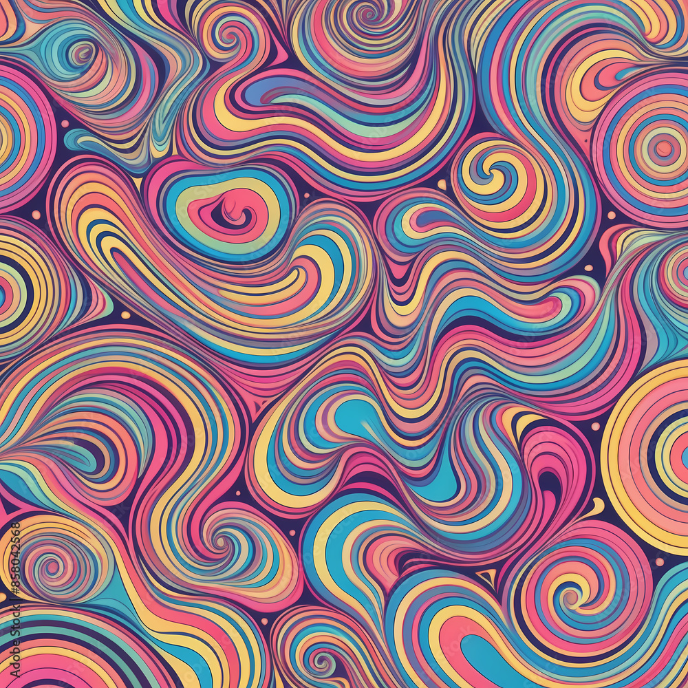 Vector illustration with psychedelic 1960s-inspired patterns: Swirling abstract designs in neon and pastel colors. Ideal for retro art and vintage-themed projects. Vector illustration with psychedelic 1960s-inspired patterns: Swirling abstract designs in neon and pastel colors. Ideal for retro art and vintage-themed projects.