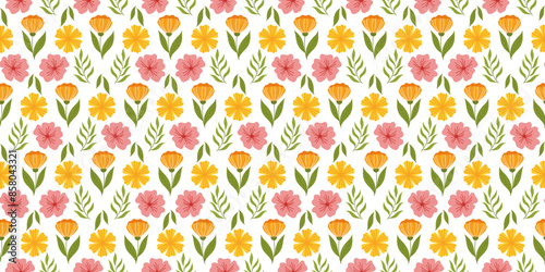 Continuous pattern showcasing floral elements. Botanical-inspired repetitive fabric or wallpaper design with orange flower on stem with leaf, yellow flower, cherry blossom, and leaves.