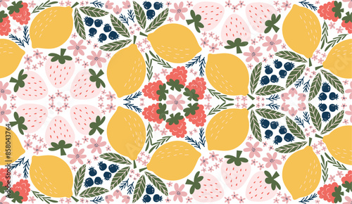 Cheerful seamless pattern featuring illustrations of white strawberries, raspberries, lemons, blackberries, pink flowers, and green leaves, arranged in a kaleidoscope-like design. 