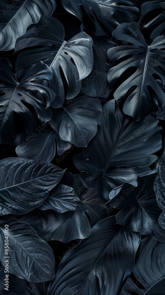 Tropical black leaves boast silk-like textures, their glossy surfaces and intricate veins capturing the essence of lush, tropical foliage in a sophisticated manner Tropical black leaves boast silk-like textures, their glossy surfaces and intricate veins capturing the essence of lush, tropical foliage in a sophisticated manner