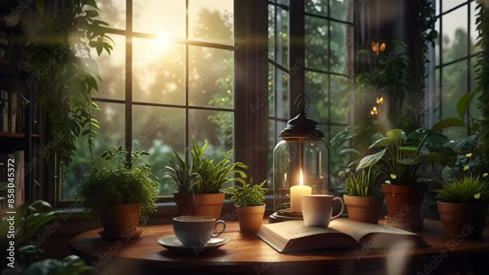 warm coffee and books in the study room with decorative plants around, cartoon or anime watercolor digital painting illustration style. seamless looping 4k video animation background