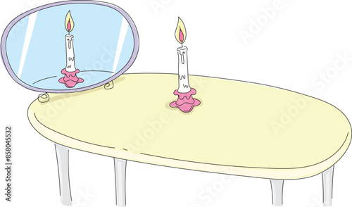 Candle on the table and reflection from the mirror.