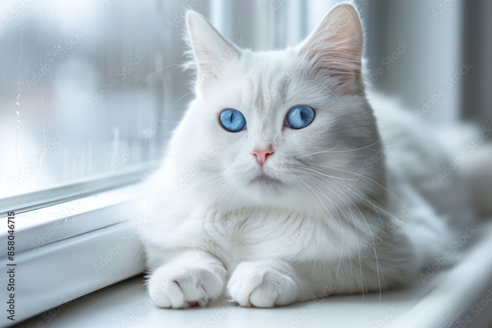 Beautiful white cat with blue eyes looks out the window Beautiful white cat with blue eyes looks out the window