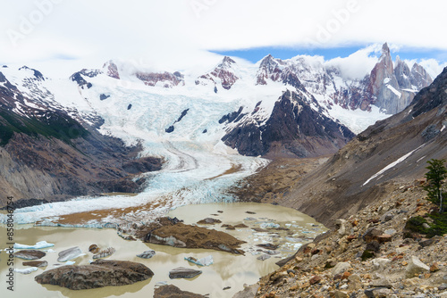 View of the Cerro Torre, accompanied by the southern glacier and the Viedman Lake in El Chalten - Argentina.