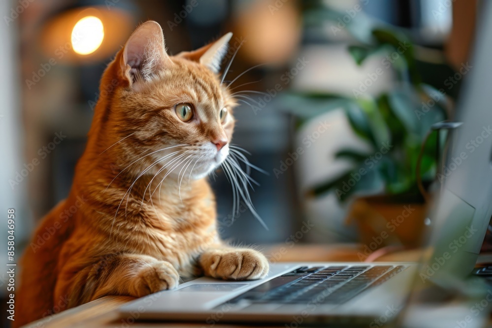 Red cat freelancer working on computer Red cat freelancer working on computer