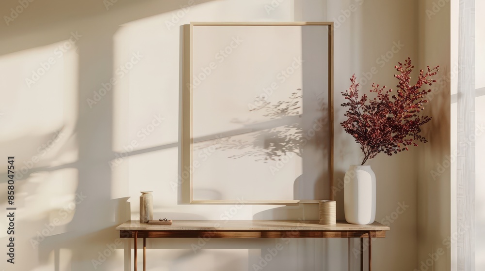 A minimalist interior design featuring a dried floral arrangement in a white vase on a wooden table, with sunlight streaming through a window A minimalist interior design featuring a dried floral arrangement in a white vase on a wooden table, with sunlight streaming through a window