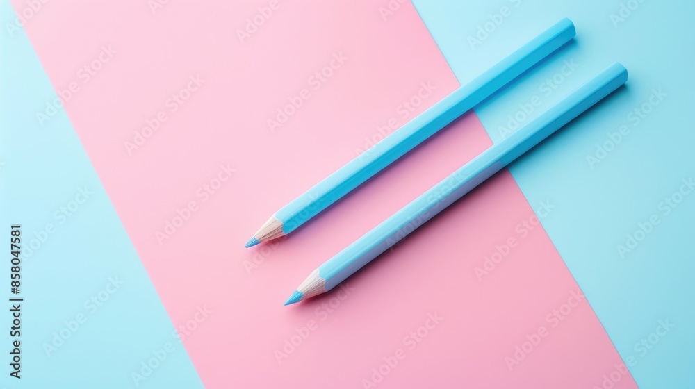 Pink and blue pencils on soft colored surface Simplistic design Overhead view with empty space Pink and blue pencils on soft colored surface Simplistic design Overhead view with empty space
